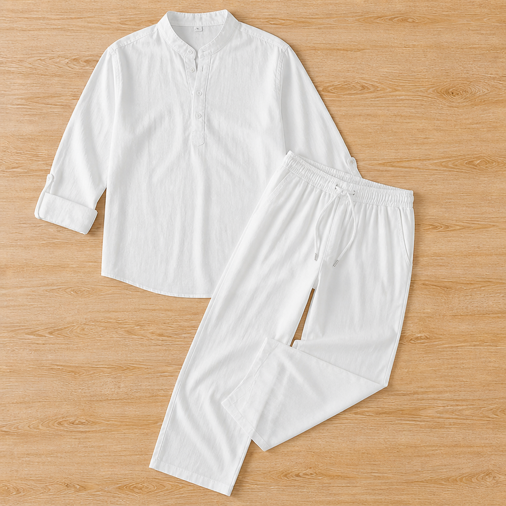BreezyLife™ – Breathable Cotton-Blend Summer Shirt & Drawstring Pants Set