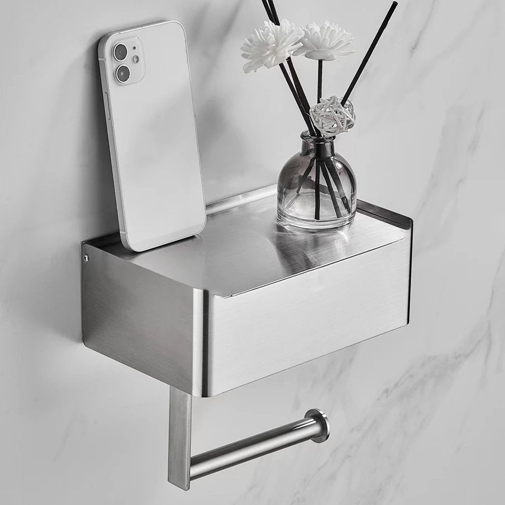 Tissue Dispenser | Stainless Steel Bathroom Paper Holder | 2-in-1 Holder with Shelf | SteelShelf