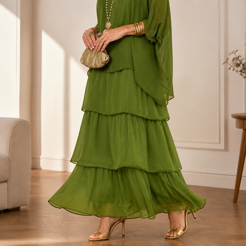 VeroLuxe™ – Flowy Tiered Maxi Dress with Cape Sleeves