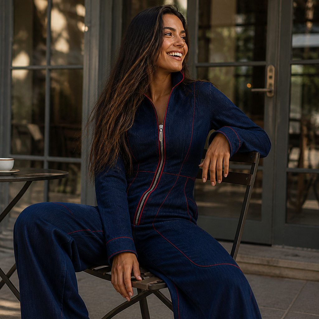 Velozia™ – Waist-Sculpting Wide-Leg Denim Jumpsuit with Zip Front
