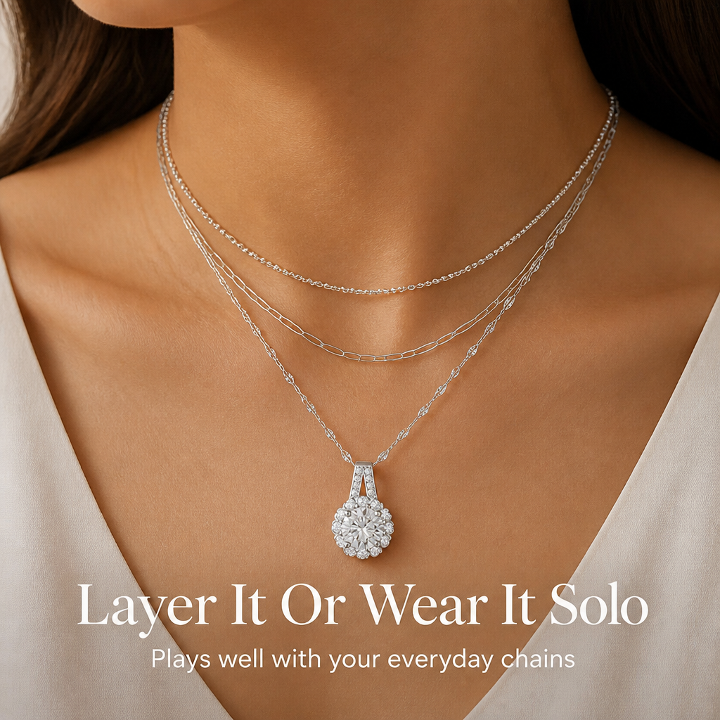 LumaRay™ – Brilliant-Cut Floral Halo Pendant Necklace in Sterling Silver