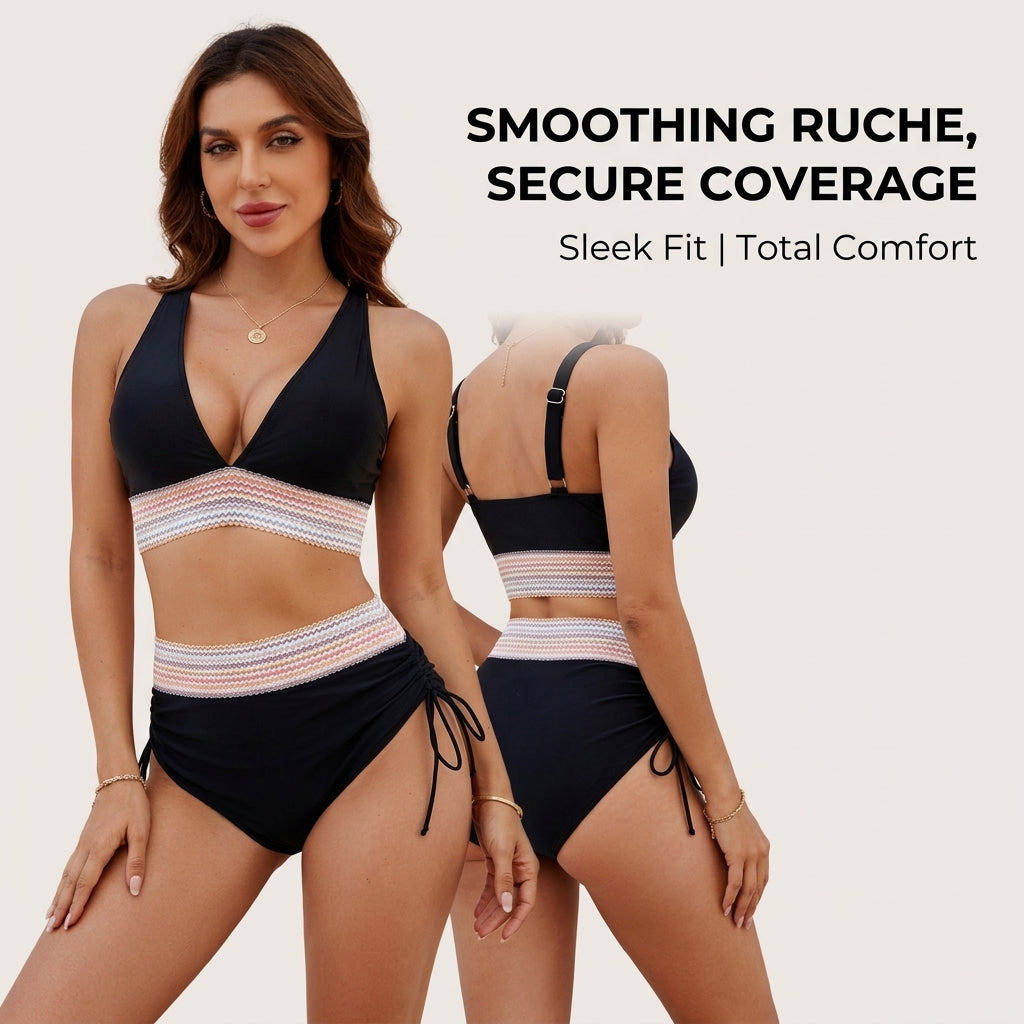 CurveCraft™ – High-Waist Tummy-Smoothing Bikini Set with Ruched Drawstring Bottom
