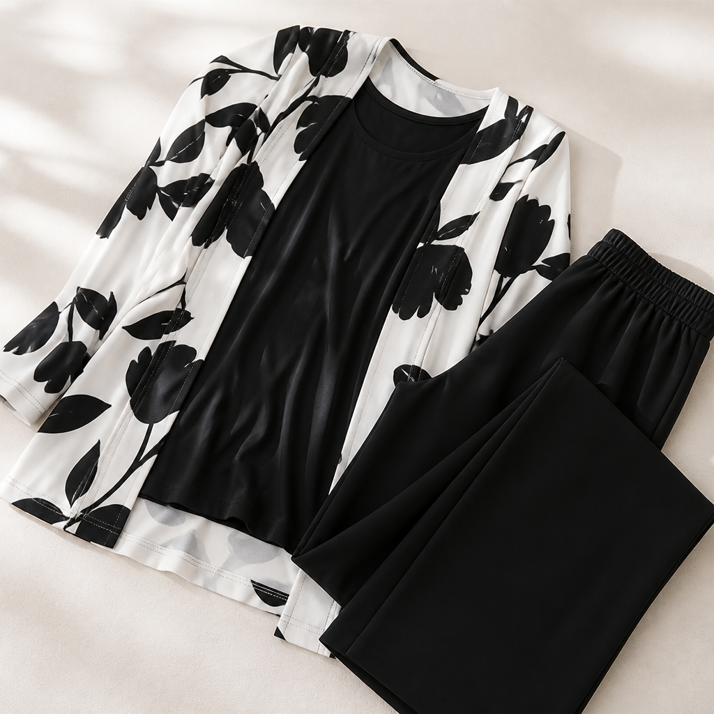 AuraLuxe™ – Elegant Floral Cardigan & Wide-Leg Pant 3-Piece Set