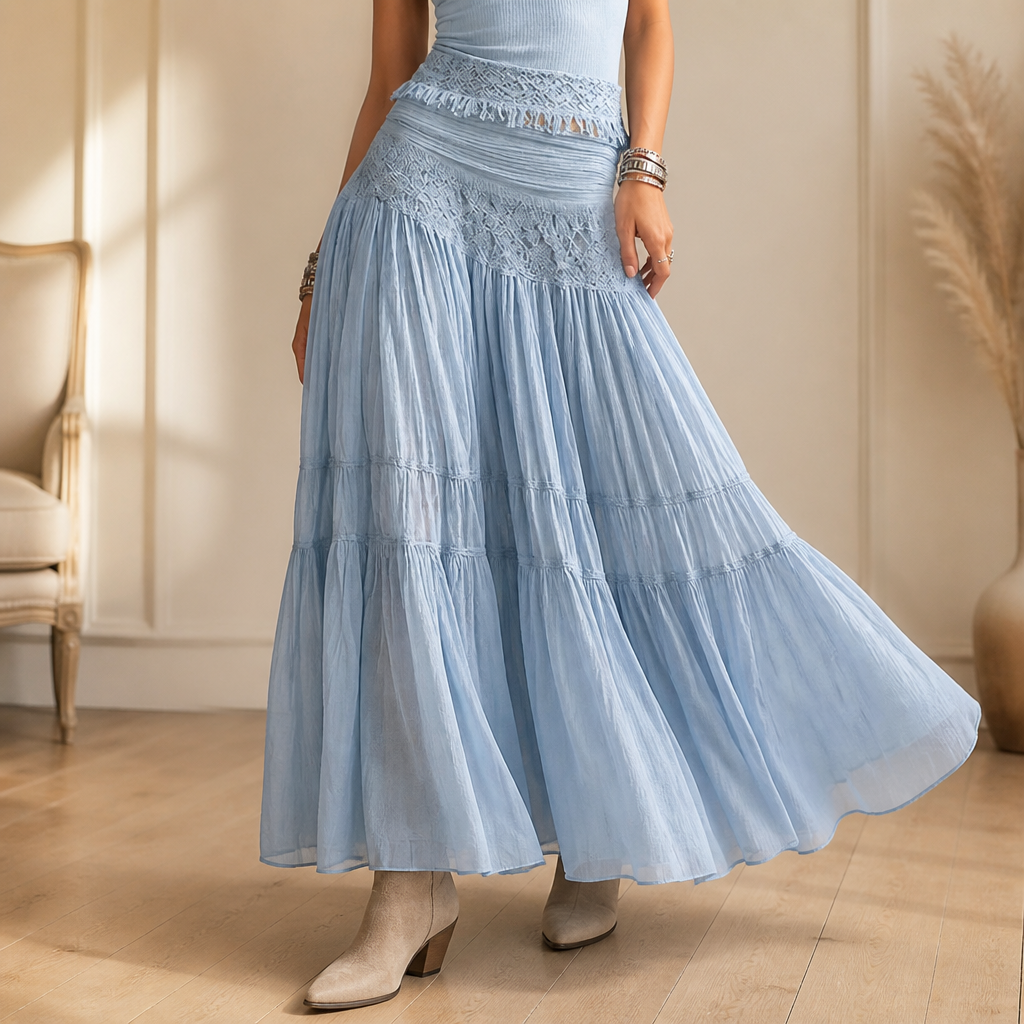 LumaSeren™ – Boho Two-Piece Set with Lace-Panel Tiered Maxi Skirt