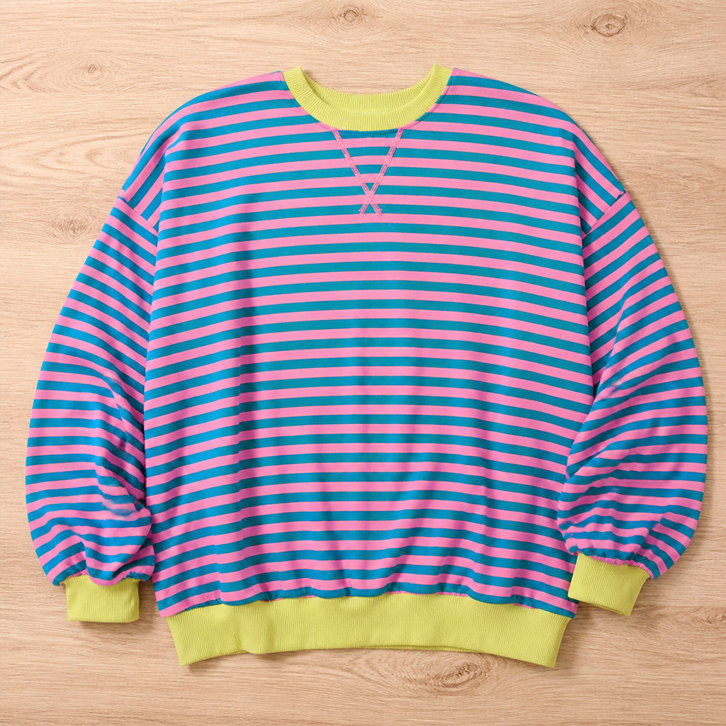 VeroLuxe™ – Relaxed Striped Crewneck Sweatshirt with Contrast Trim