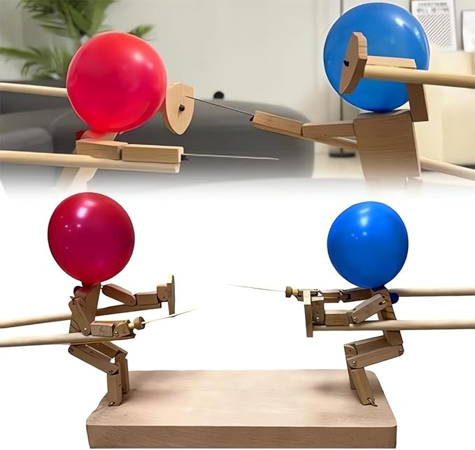 Handmade Wooden Fighter Puppets with Balloon Heads