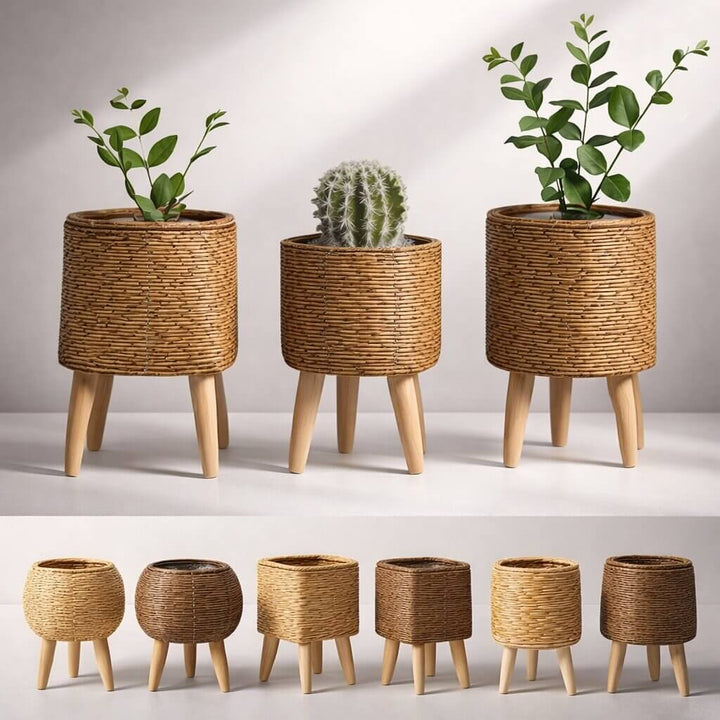 Flower Planter with Wooden Stand | Woven Basket Texture | Suitable for Indoor and Outdoor | Plantara