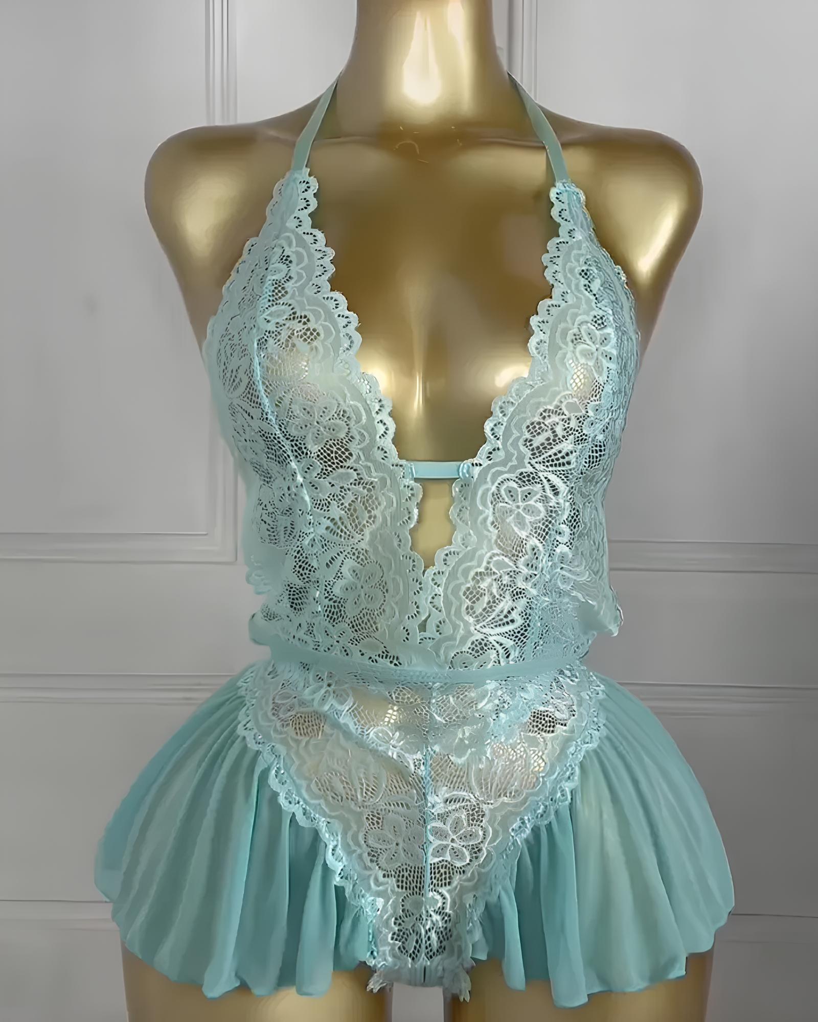 ArdentMist™ – Floral Lace Halter Babydoll with Sheer Mesh Skirt