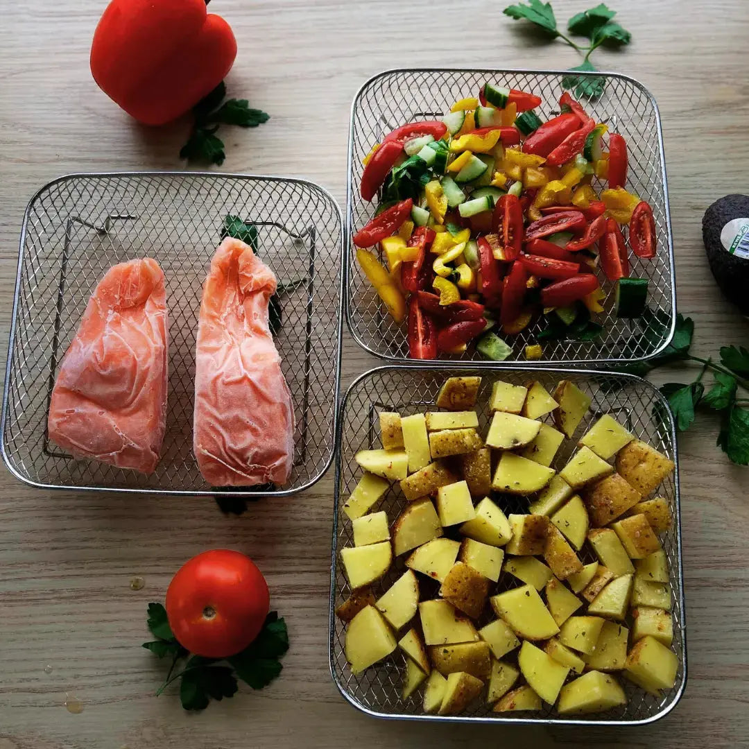 SizzleNest™ Multi-Layer Air Fryer Baskets — Double Your Cooking Power and Enjoy Flawless, Stress-Free Meals Every Time