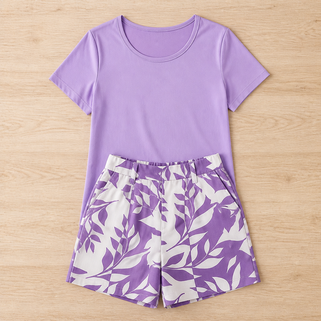 BellaLuxe™ – Breezy Botanical-Print Tee & Shorts Two-Piece Set