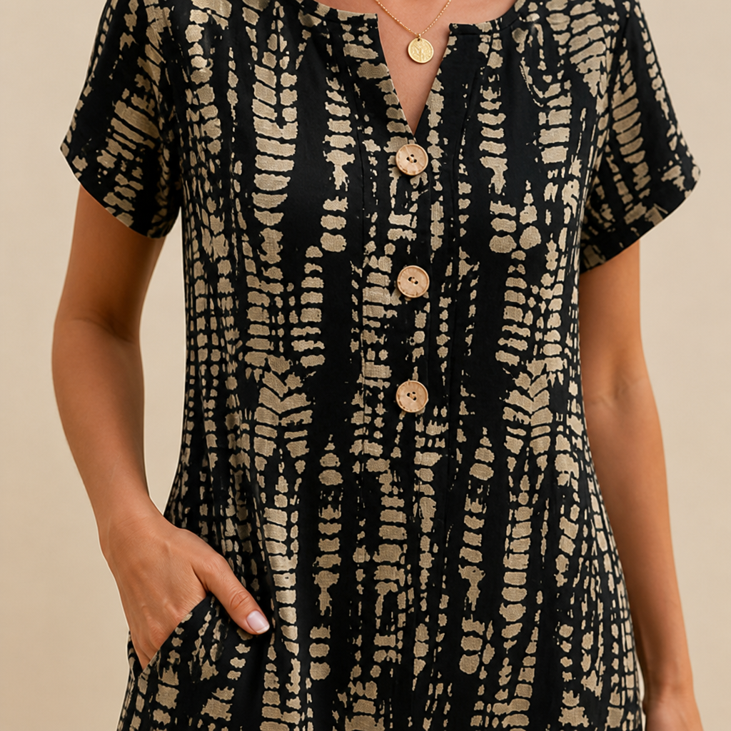 VelaMuse™ – Relaxed Button-Front Abstract Print Swing Dress with Pockets
