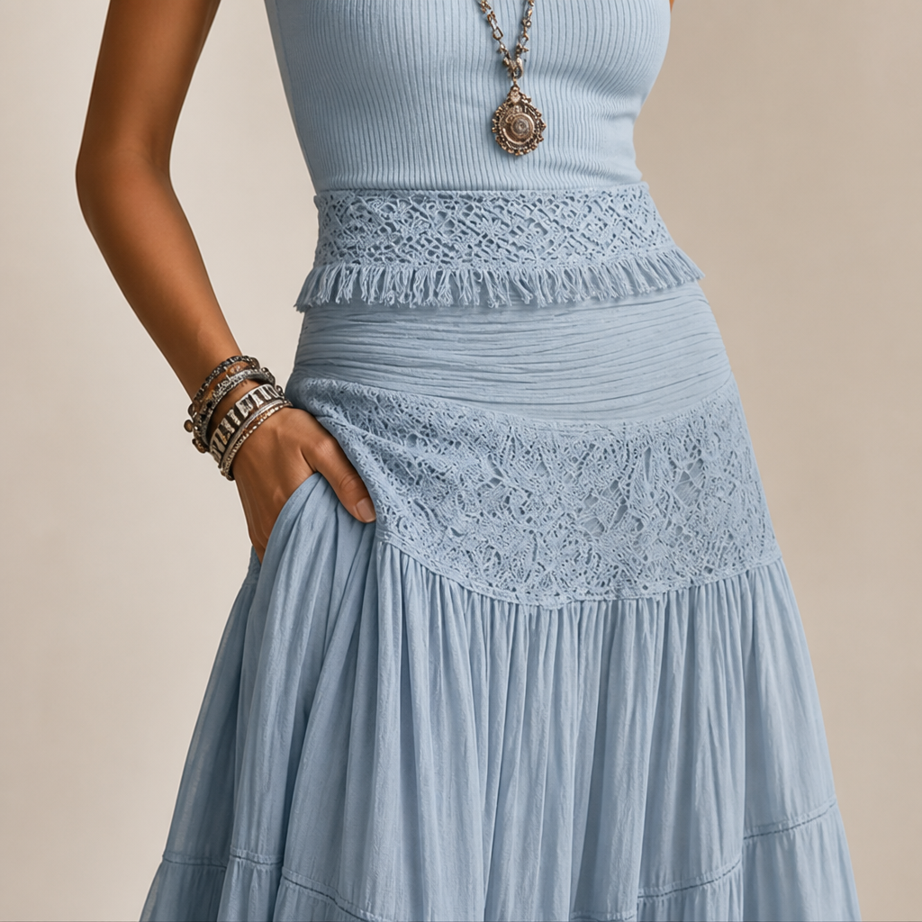 LumaSeren™ – Boho Two-Piece Set with Lace-Panel Tiered Maxi Skirt