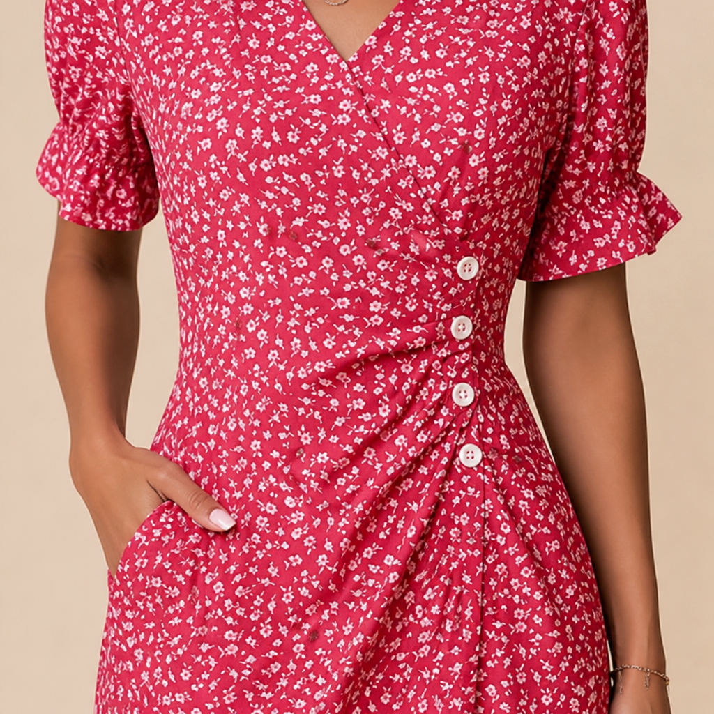 SeraphineAura™ – Ditsy Floral Wrap Midi Dress with Ruched Tulip Hem