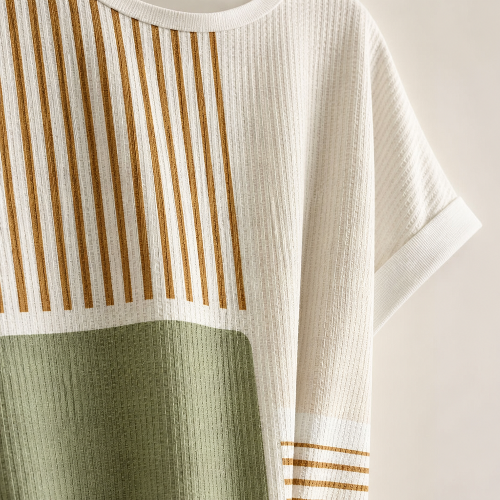 RadianceStripe™ – Relaxed Color-Block Tee with Striped Waffle Texture