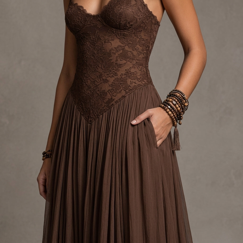 LunariaSilk™ – Romantic Lace Bodice Chiffon Maxi Dress with Ruffled Hem