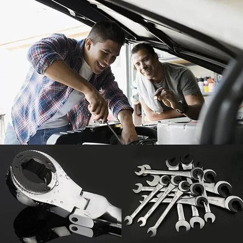 Ratchet wrench for open pipes (fixed head - flexible head 2 IN 1)