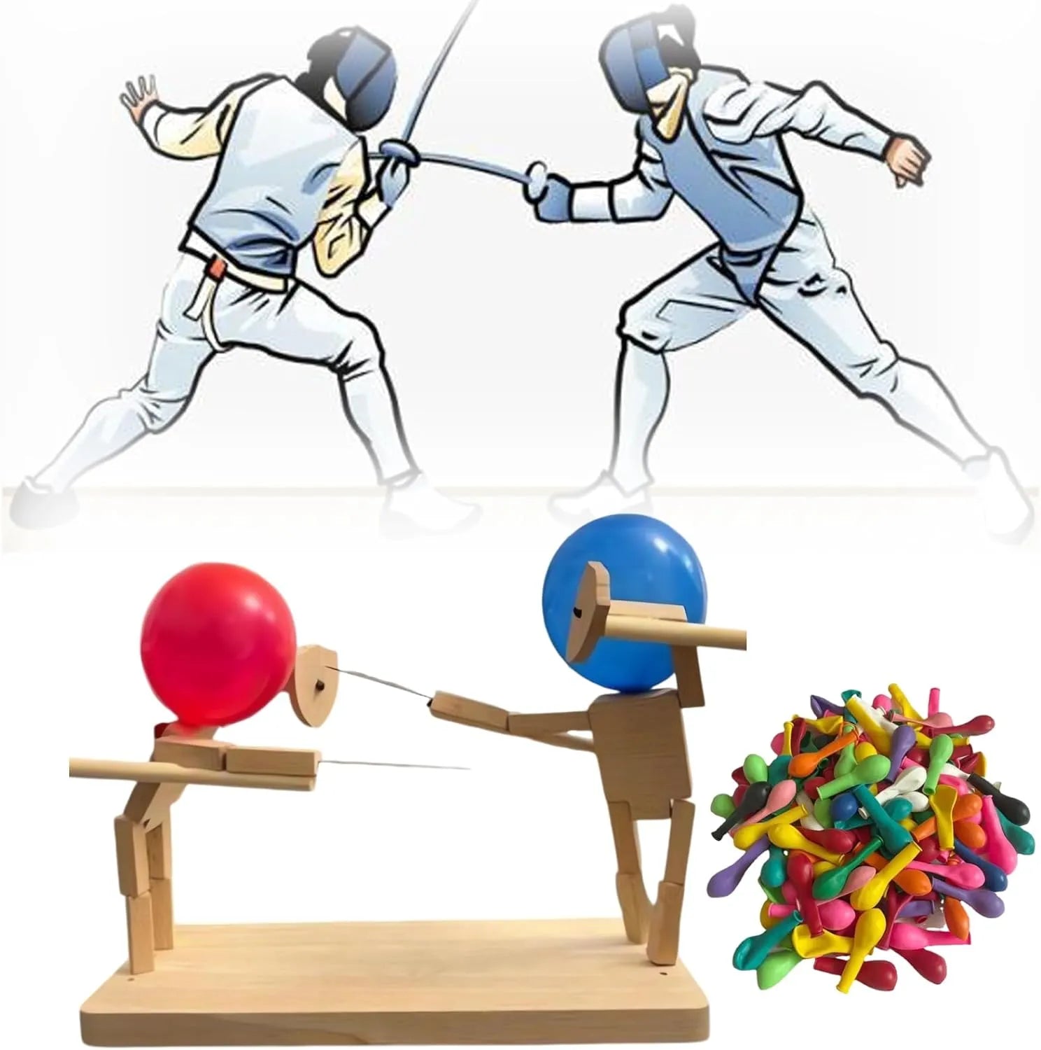 Handmade Wooden Fighter Puppets with Balloon Heads