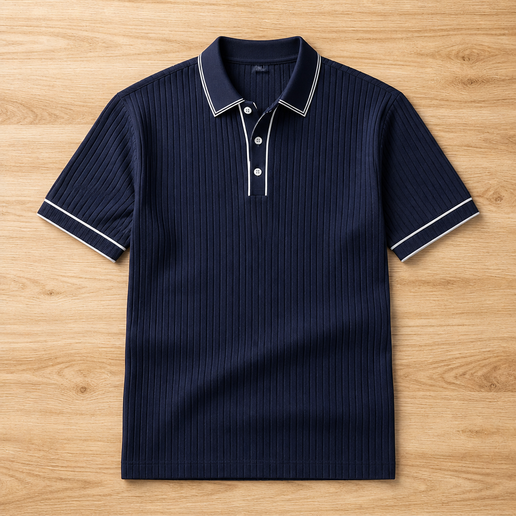 VeroStride™ – Retro Ribbed-Knit Polo with Contrast Tipped Collar