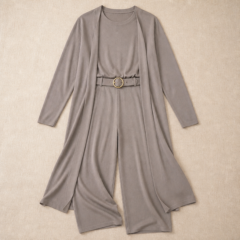 elegant 3-piece set featuring long cardigan, top, and pants 3