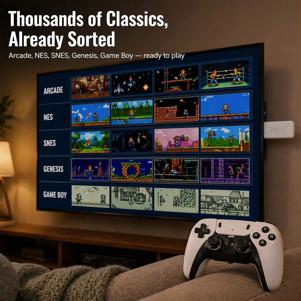 NovaArcade™ — Plug In, Pair Up, and Battle Through Thousands of Retro Classics