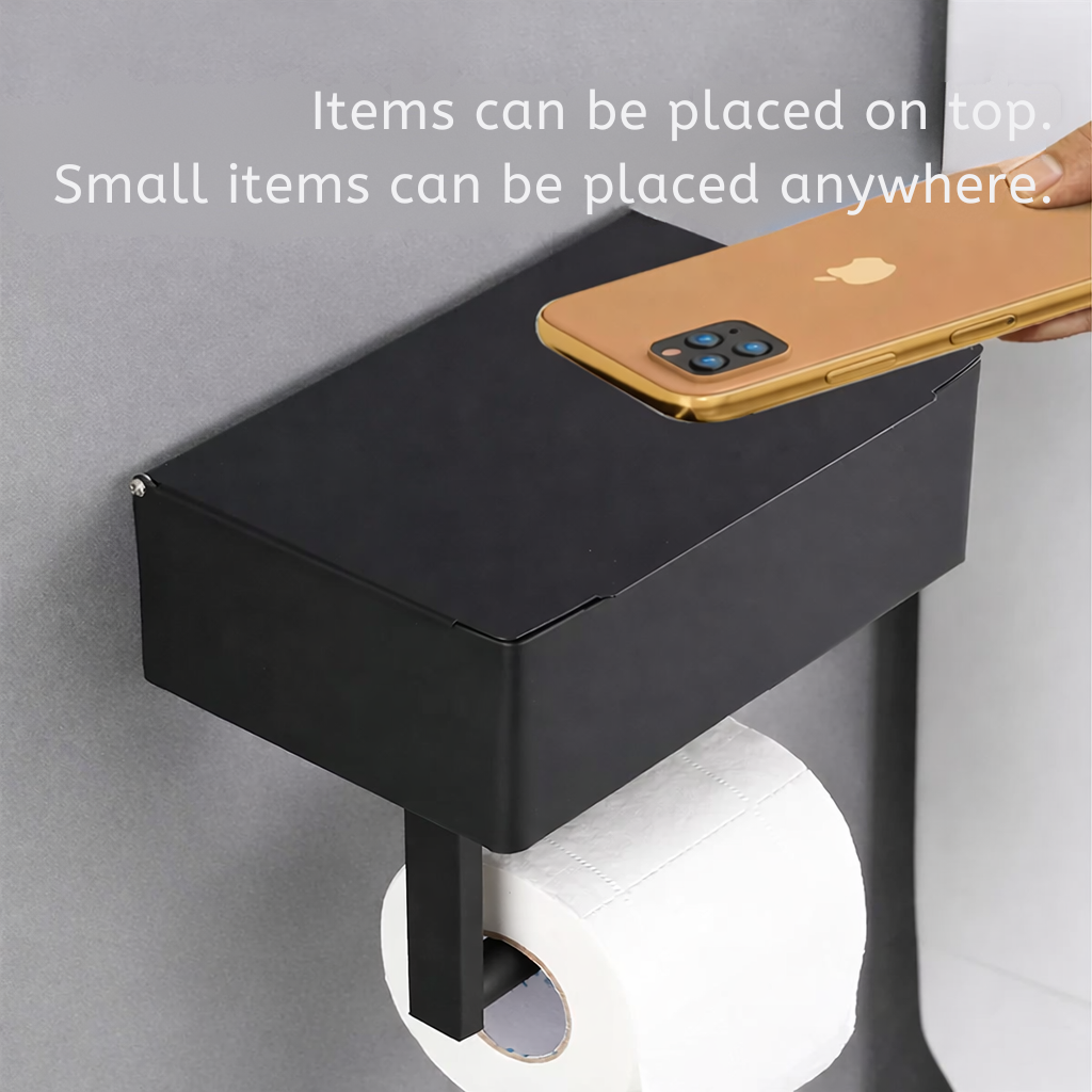 Toilet Roll Holder | Wall-Mounted with Shelf | Drill-Free Installation with Box | Rolluxe