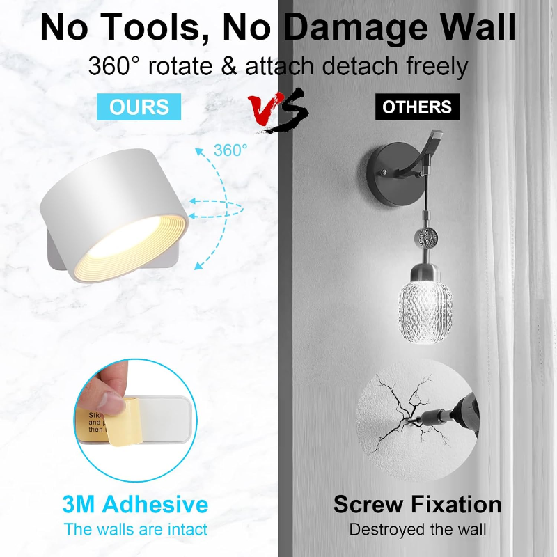 Rechargeable LED Wall Lamp with 360° Rotatable Head – Touch Sensor, Wire-Free Installation