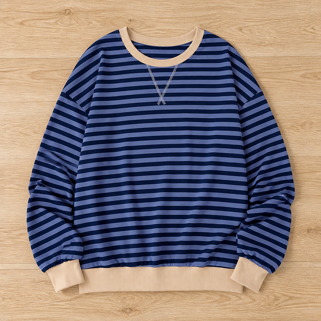 VeroLuxe™ – Relaxed Striped Crewneck Sweatshirt with Contrast Trim