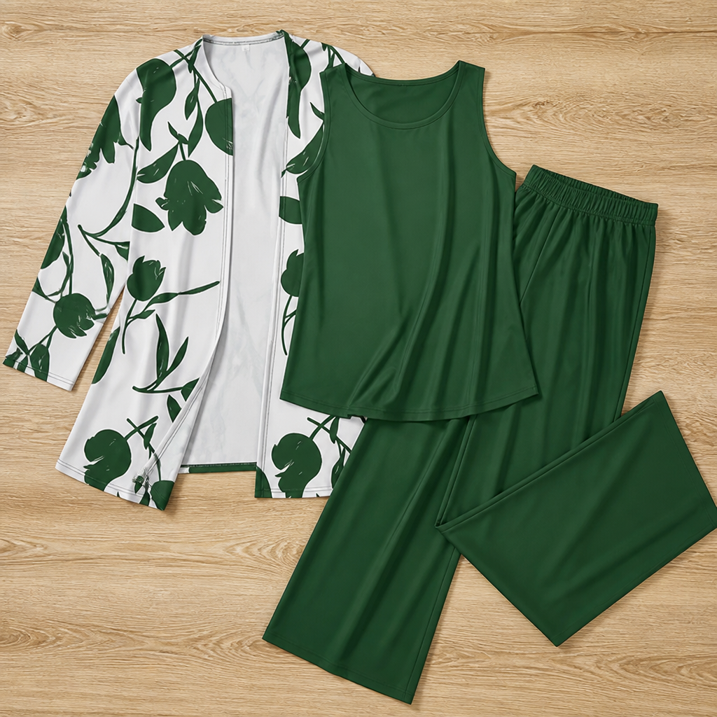 AuraLuxe™ – Elegant Floral Cardigan & Wide-Leg Pant 3-Piece Set