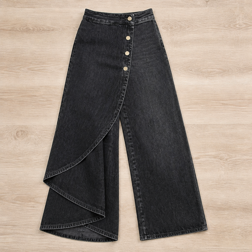 LumaCurve™ – Elegant Wide-Leg Jeans with Asymmetric Wrap-Front Overlay