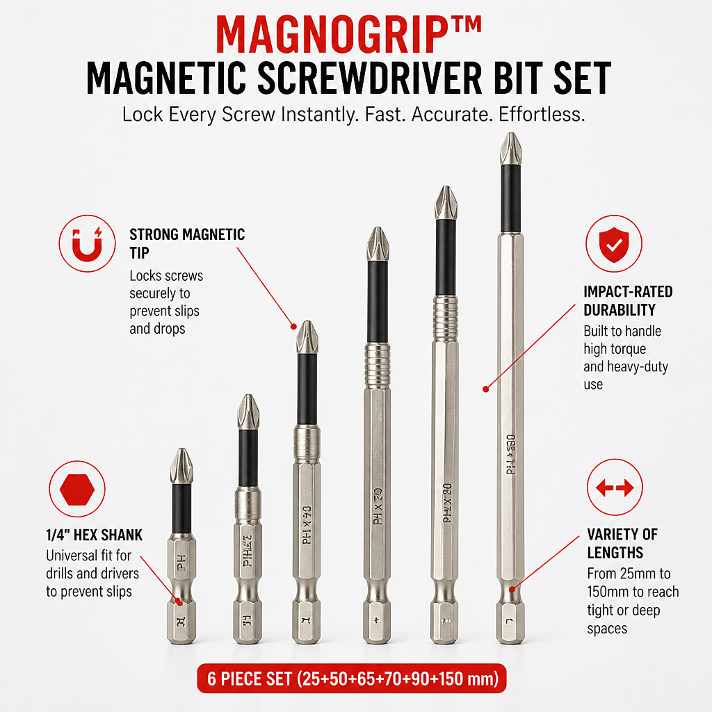 MagnoGrip™ Magnetic Screwdriver Bit Set — Lock Every Screw Instantly for Flawless, Frustration-Free Projects