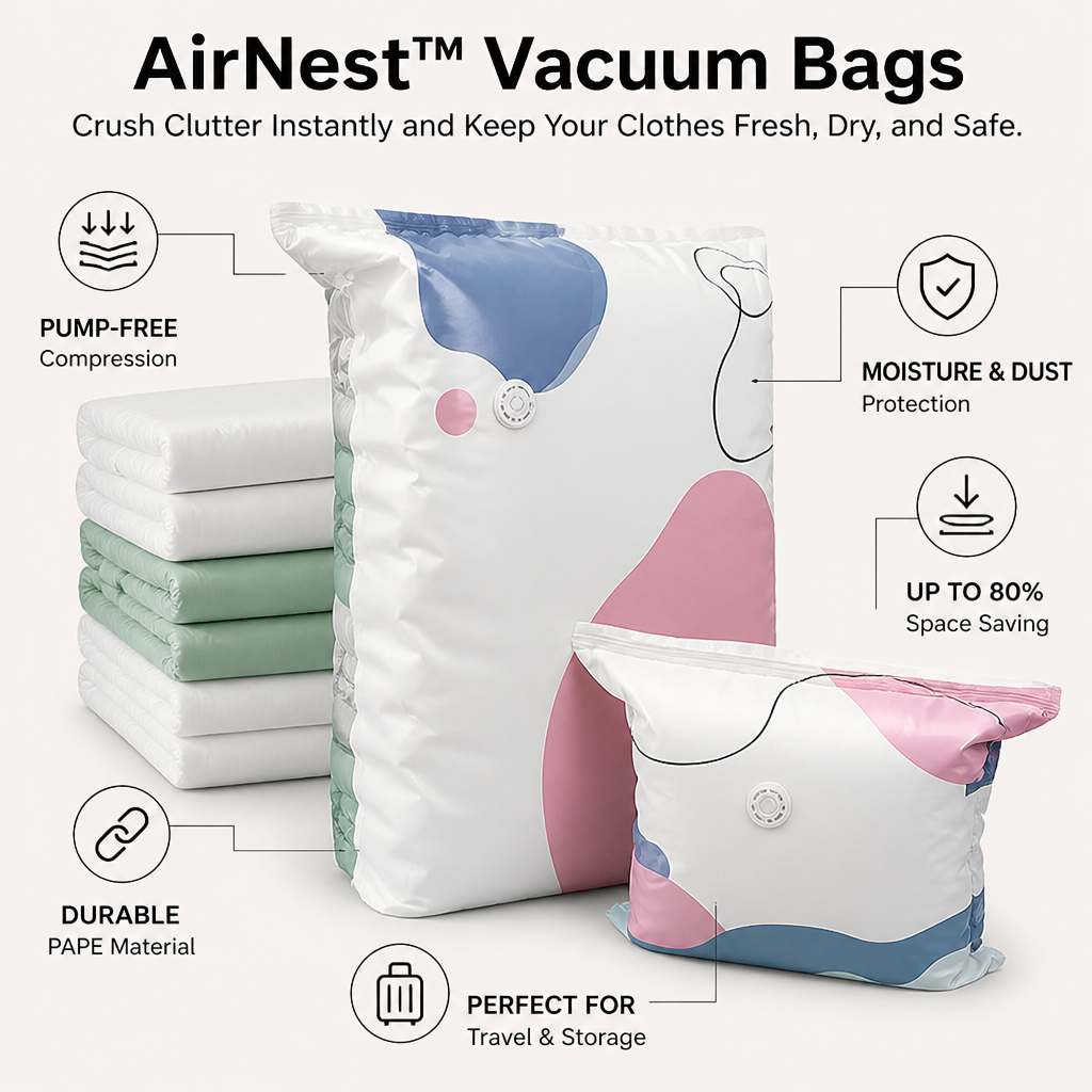 AirNest™ Vacuum Bags — Crush Clutter Instantly and Keep Your Clothes Fresh, Dry, and Safe