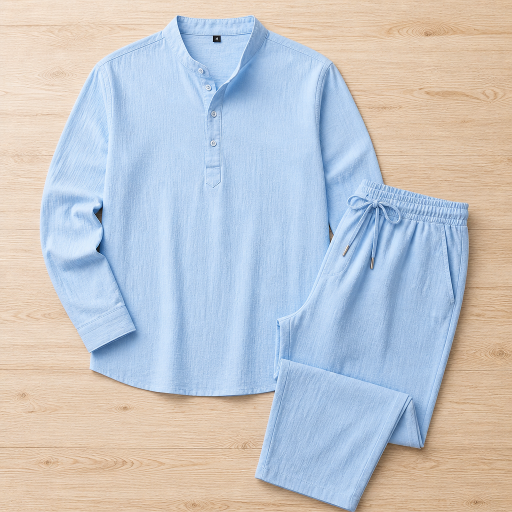 BreezyLife™ – Breathable Cotton-Blend Summer Shirt & Drawstring Pants Set