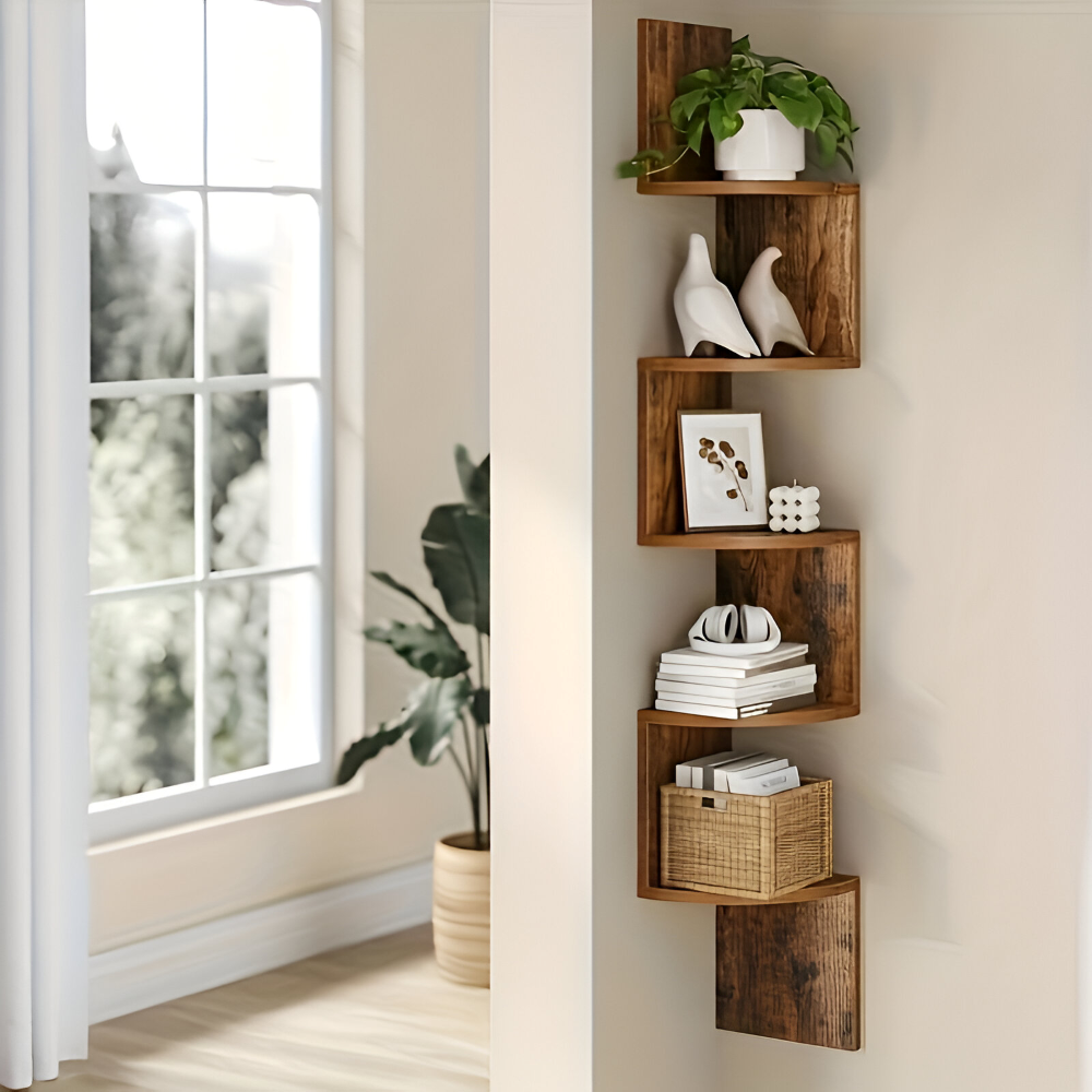 Corner Shelf 5 Tiers | Zigzag Style with Shelves | Space-Saving Corner Fit | CornerZig
