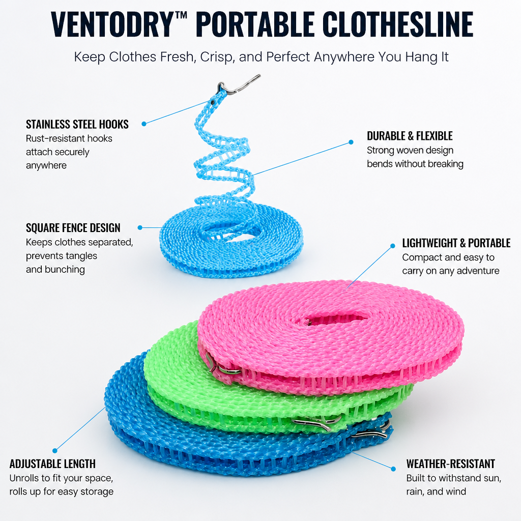 VentoDry™ Portable Clothesline — Keep Clothes Fresh, Crisp, and Perfect Anywhere You Hang It