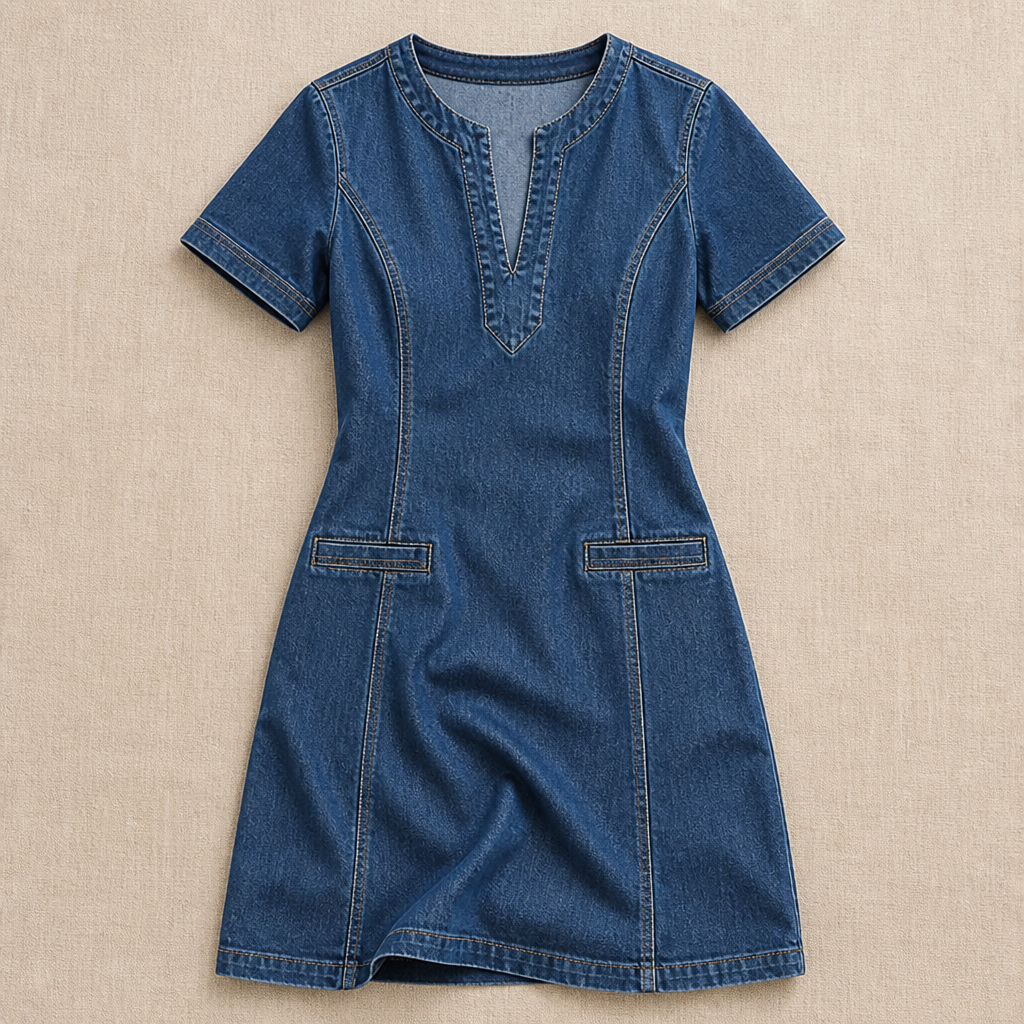 VarelaChic™ – Relaxed V-Neck Denim Shift Dress with Pockets