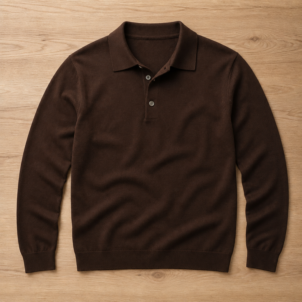 LuxeWave™ – Fine-Knit Long-Sleeve Polo with Three-Button Placket