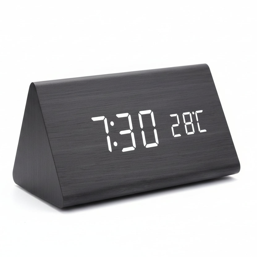 Wooden Look LED Alarm Clock with 3 Alarms & Temperature Display