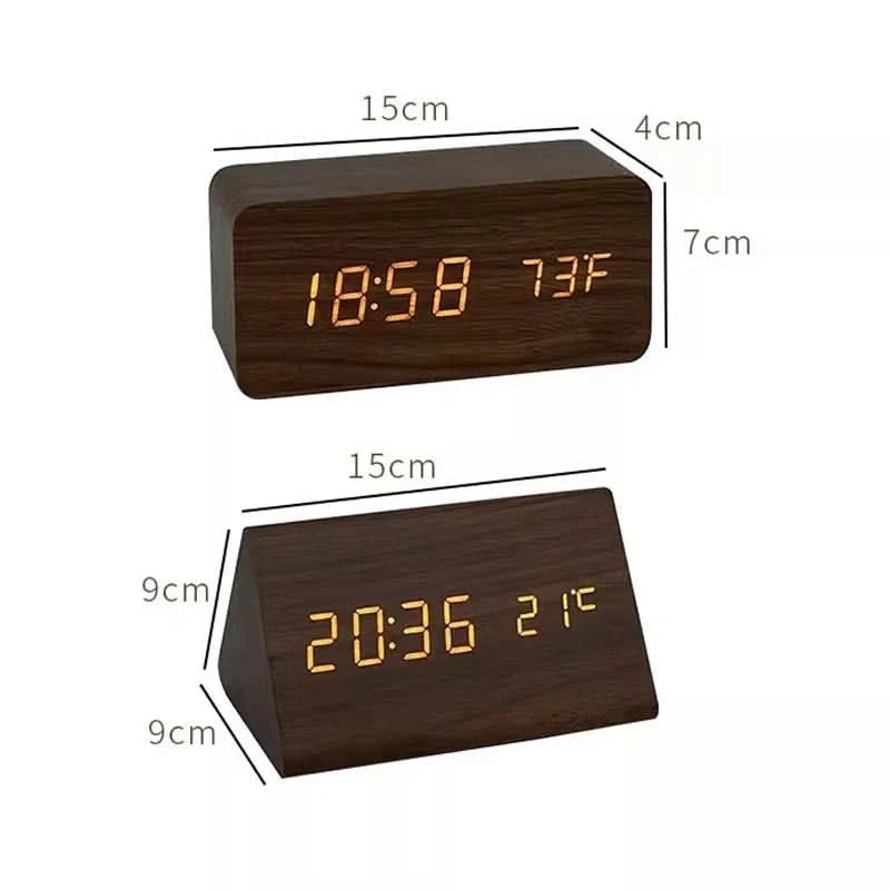 Wooden Look LED Alarm Clock with 3 Alarms & Temperature Display
