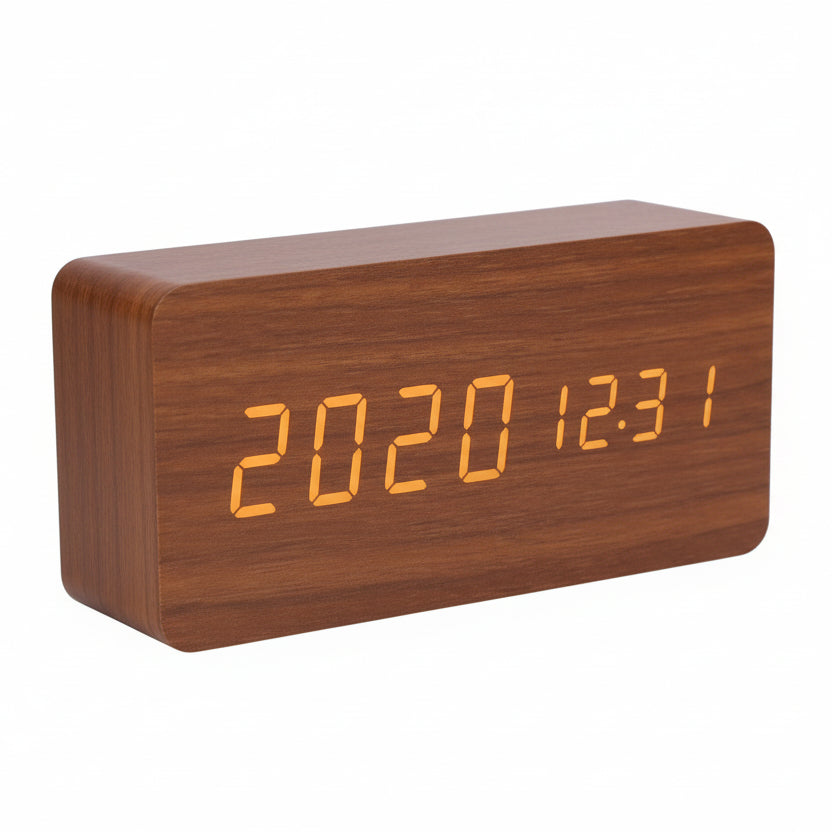 Wooden Look LED Alarm Clock with 3 Alarms & Temperature Display