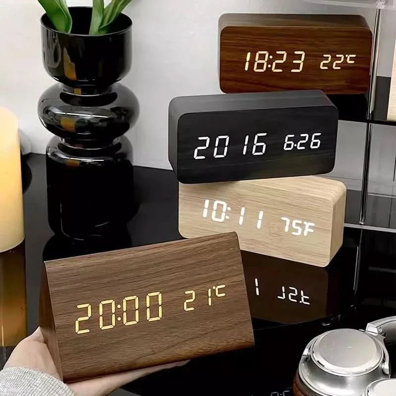 Wooden Look LED Alarm Clock with 3 Alarms & Temperature Display
