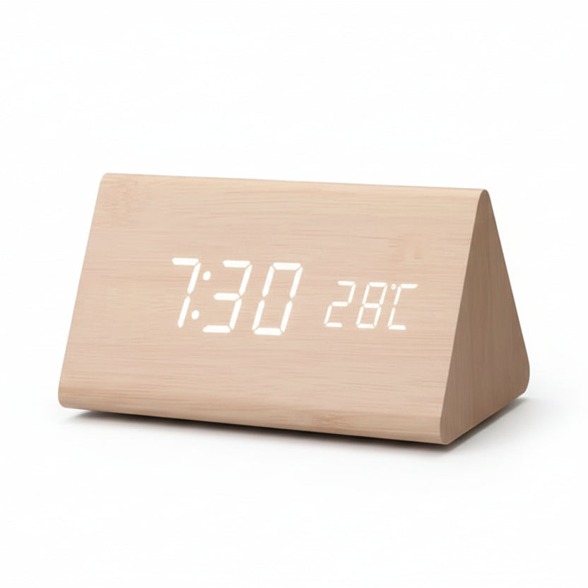 Wooden Look LED Alarm Clock with 3 Alarms & Temperature Display