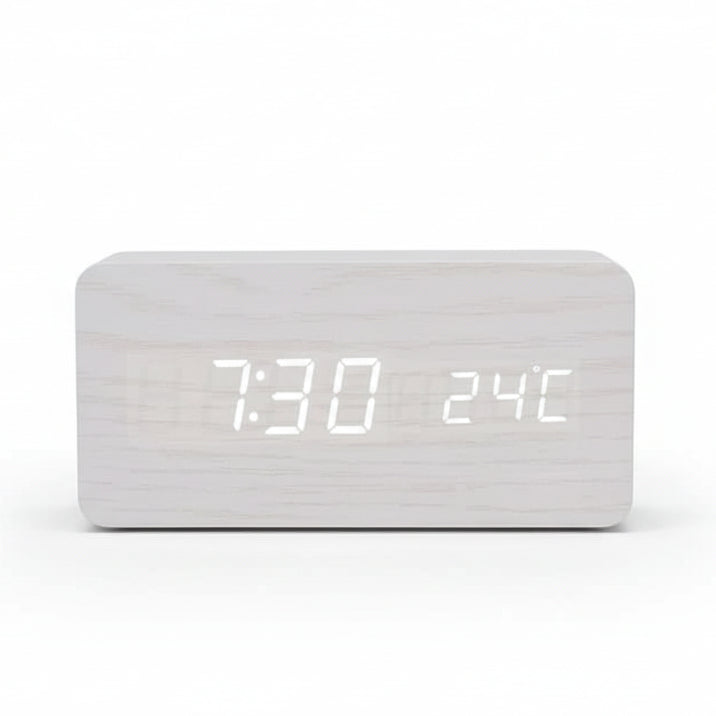 Wooden Look LED Alarm Clock with 3 Alarms & Temperature Display