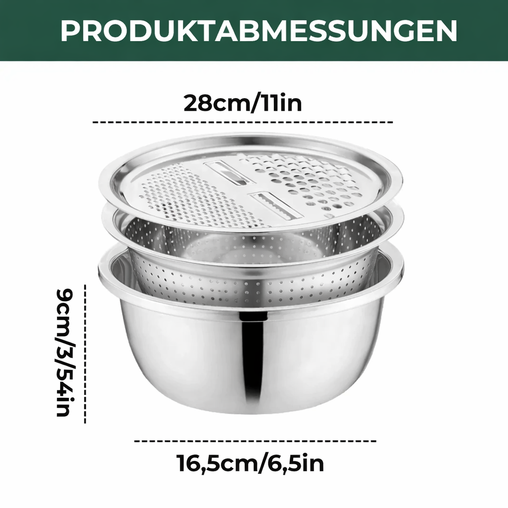 3-Piece Mixing Bowl Set in Stainless Steel with Grater and Sieve