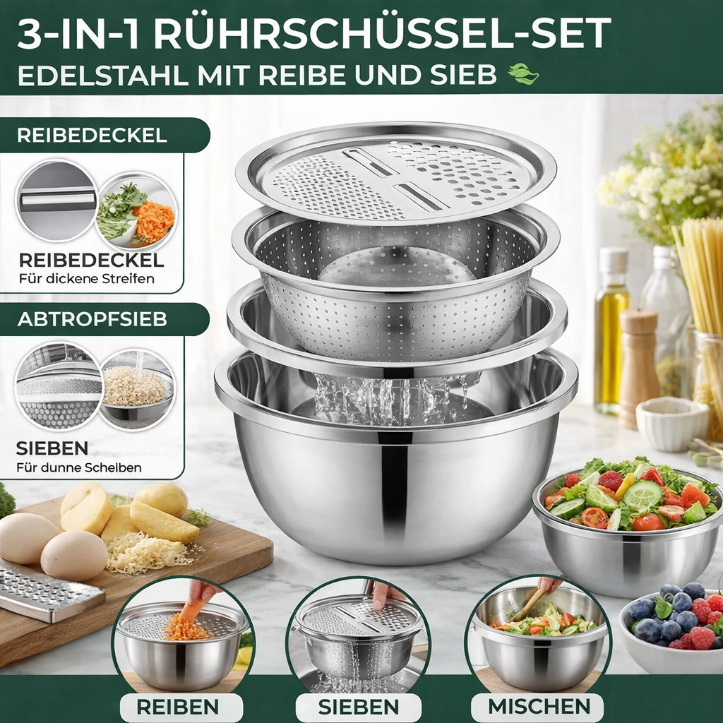3-Piece Mixing Bowl Set in Stainless Steel with Grater and Sieve