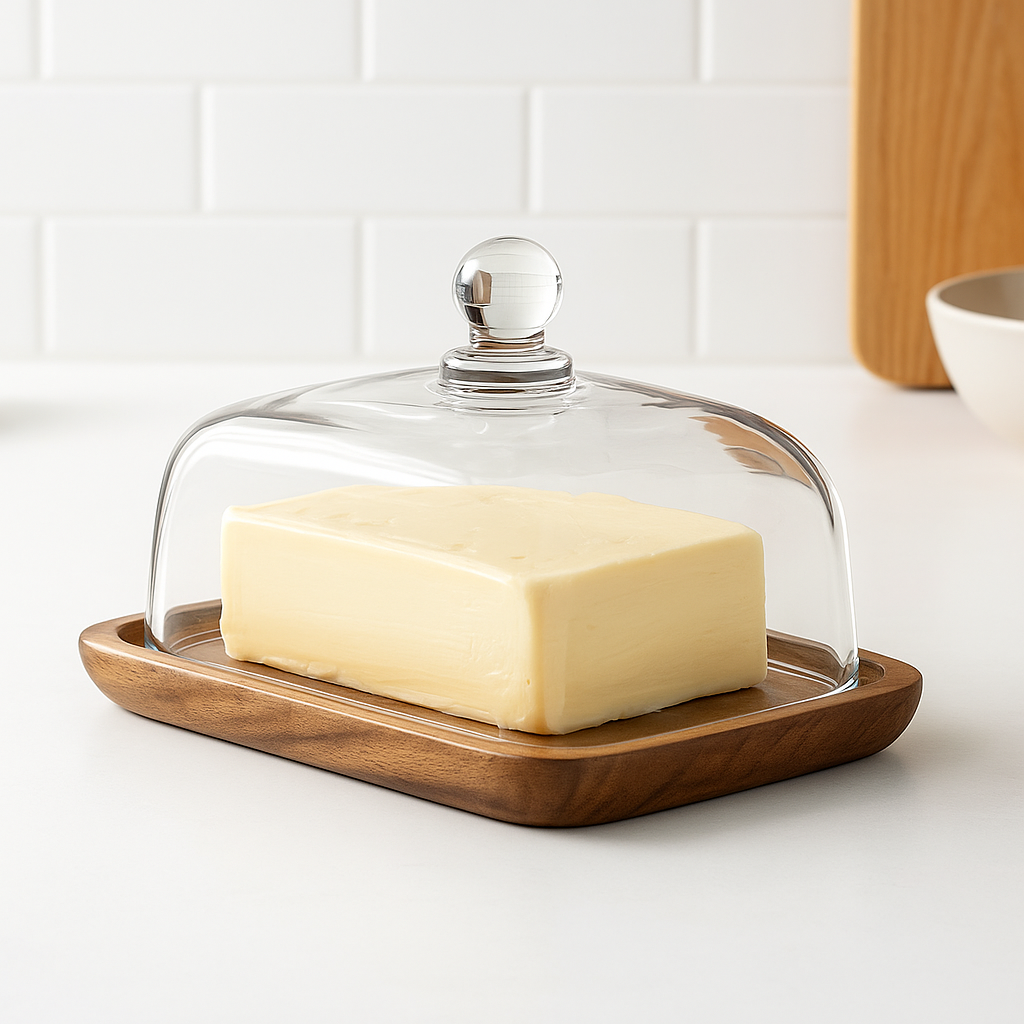 Butter Container with Glass Lid and Wooden Base