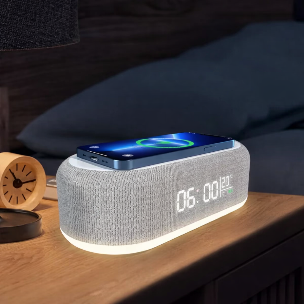 Wireless Charging Station with Alarm Clock and Temperature Display