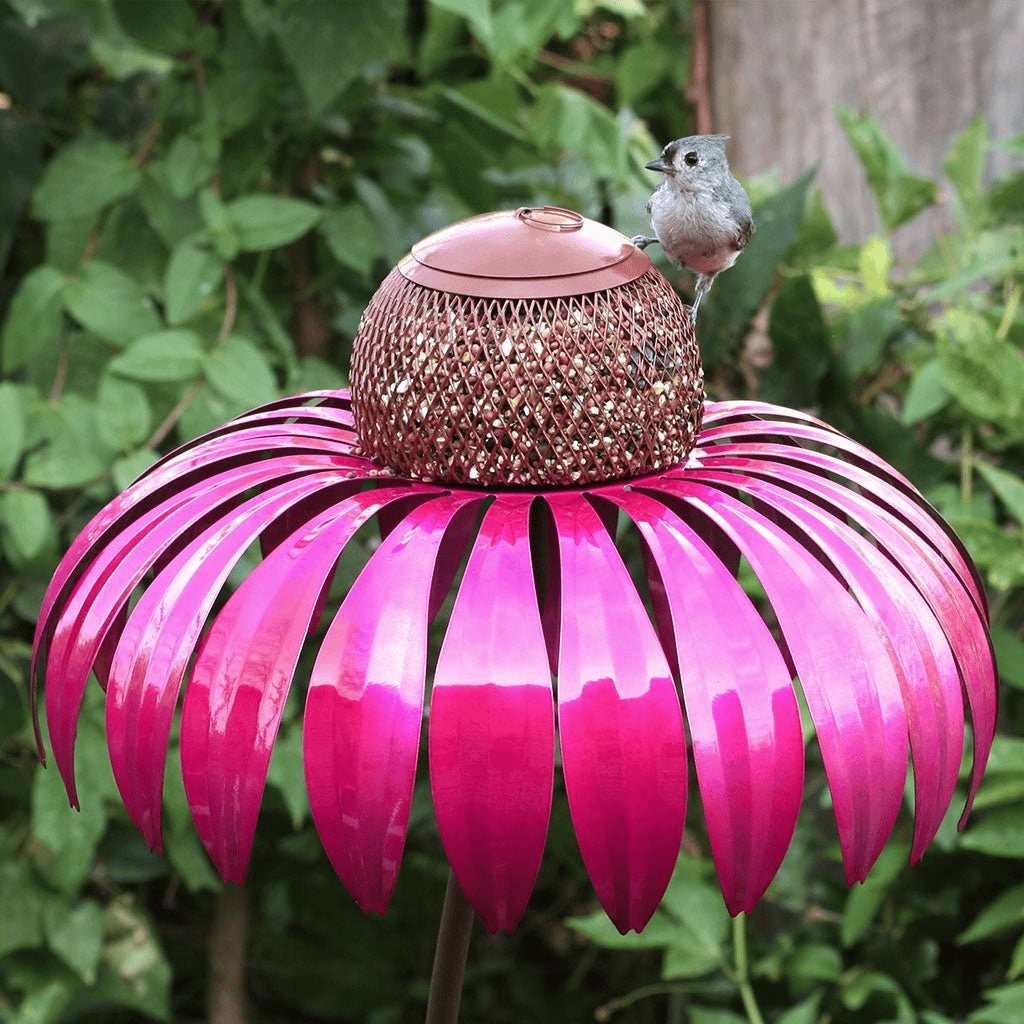 Metal Sunflower Design Bird Feeder for Gardens with Pink Petals