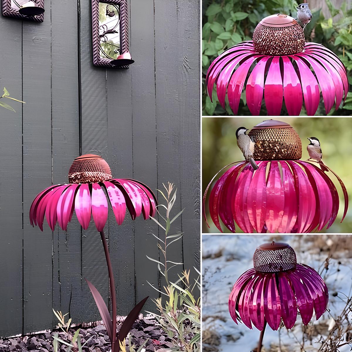 Metal Sunflower Design Bird Feeder for Gardens with Pink Petals