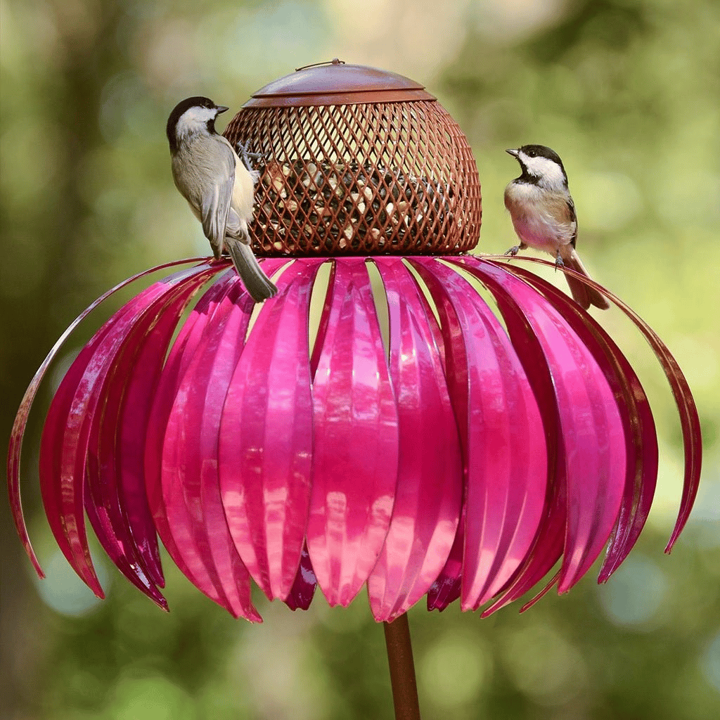 Metal Sunflower Design Bird Feeder for Gardens with Pink Petals