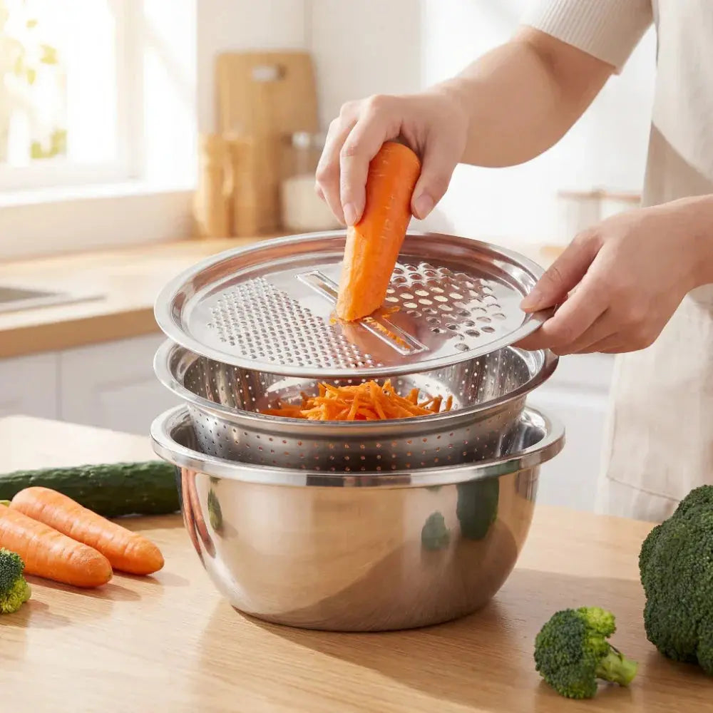 3-Piece Mixing Bowl Set in Stainless Steel with Grater and Sieve